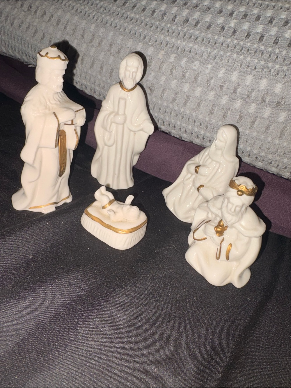 White Ceramic Nativity Set with Gold Accents - 5 Piece